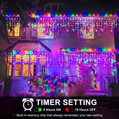 Icicle Christmas Lights, 98FT 1216 LED Icicle Lights for Outside with 228 Drops, 8 Modes Waterproof Twinkle String Lights for House Bedroom Wedding Holiday Decorations, Multicolor