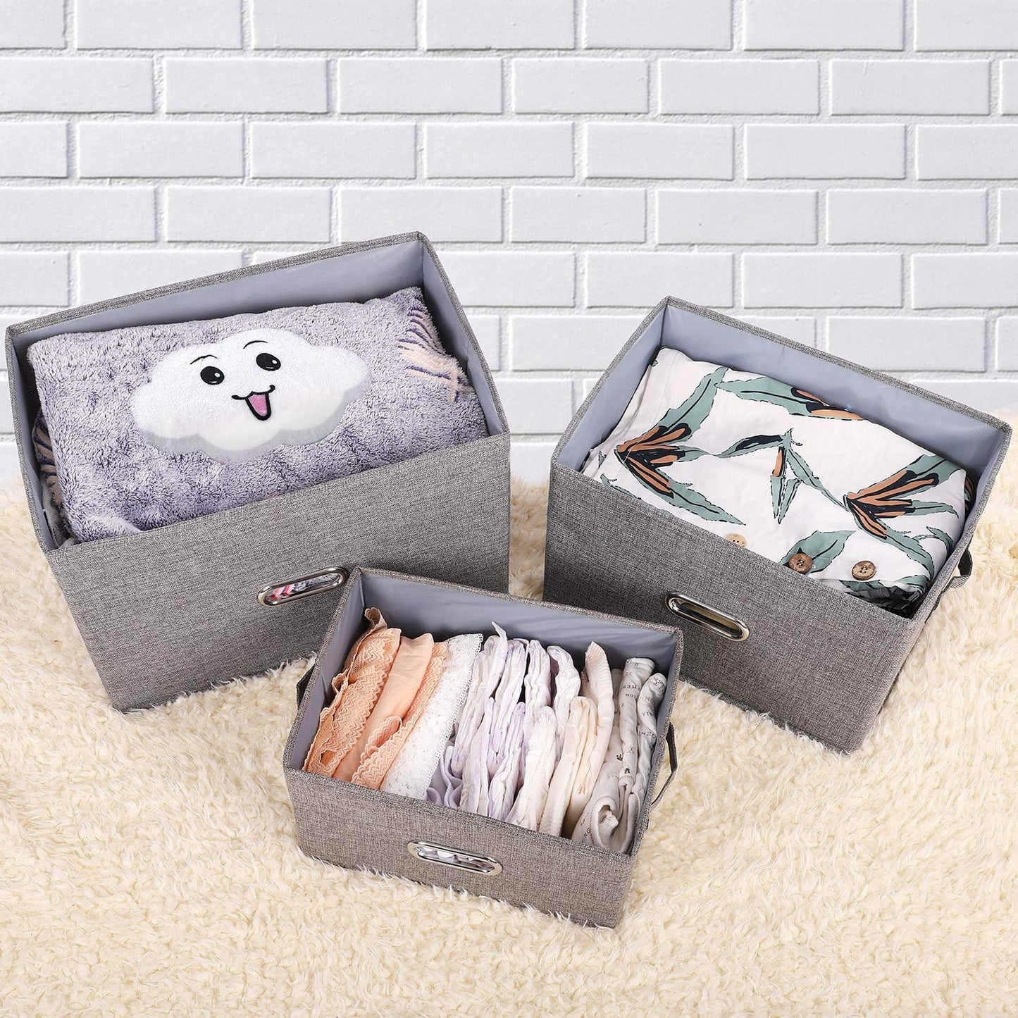 Linen Fabric Collapsible Storage Bins with Removable Lids and Handles, Washable Storage Box Containers Baskets Cube with Cover for Bedroom,Closet,Office,Living Room,Nursery (Khaki, Medium)
