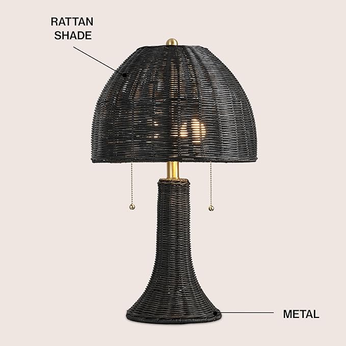 JONATHAN Y 22" Black/Brass Gold Bohemian Rustic LED Table Lamp for Bedroom, Natural Rattan Shade, Farmhouse Coastal Nightstand Lamp for Living Room, LED Bulbs Included (JYL4040D)