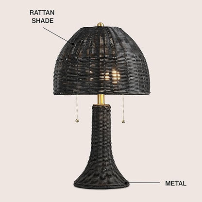 JONATHAN Y 22" Black/Brass Gold Bohemian Rustic LED Table Lamp for Bedroom, Natural Rattan Shade, Farmhouse Coastal Nightstand Lamp for Living Room, LED Bulbs Included (JYL4040D)