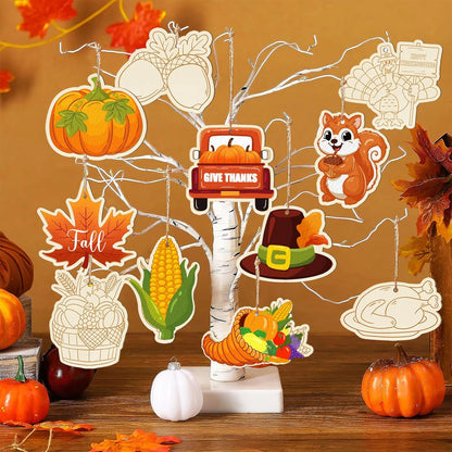 80PCS Wooden Thanksgiving Decoration Turkey Ornaments to Paint Happy Thanksgiving Cutouts Unfinished, DIY Blank Fall Unfinished Maple Leaf Corn Truck Pumpkin Ornament for Home Crafts Hanging
