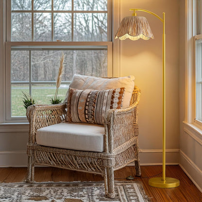 Oneach Boho Floor Lamp with 3 Color Temperatures, Farmhouse Floor Lamps for Living Room with Remote & Dimmable Bulb, Rattan Floor Lamp for Bedroom, Gold