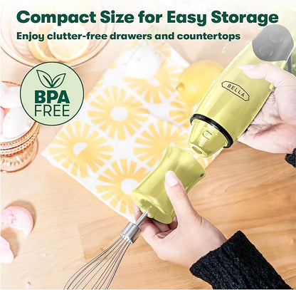 BELLA 2-Speed Hand Immersion Blender with Whisk Attachment, 250 Watt, Yellow, Immersion Blender with Dishwasher Safe Whisk & Blending Attachments for Food Prep (17577)