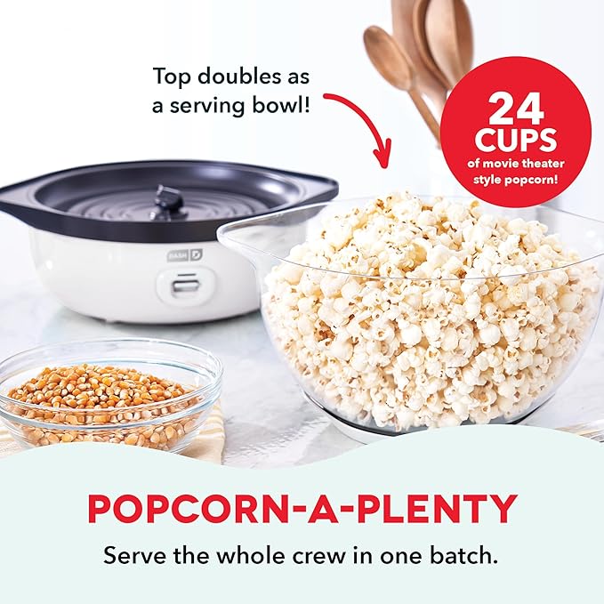 Dash SmartStore® Stirring Popcorn Maker - Electric Popcorn Machine with Butter-Melting Tray & Clear Serving Bowl - Features Stirring Bar - 24 Cups, White