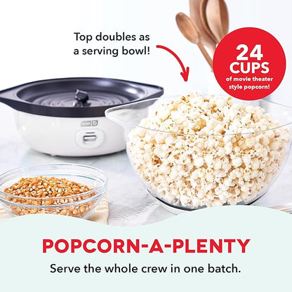 Dash SmartStore® Stirring Popcorn Maker - Electric Popcorn Machine with Butter-Melting Tray & Clear Serving Bowl - Features Stirring Bar - 24 Cups, White