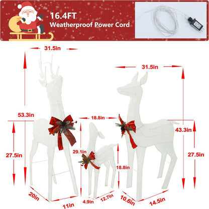 4.5FT Lighted Reindeer Family Set for Christmas Decoration, 3 Pieces Pre-Lit Iridescent Deer Xmas Decor with 200 LED Lights, 3D Glittered Standing Holiday Display for Outdoor, Indoor, White