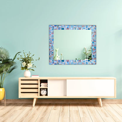 30x24 Rectangular Shape Iron Frame Wall Mirror with Glass Mosaic Tiles- Multi Blue for Vanity, Bathroom, Living Room, Home Decor