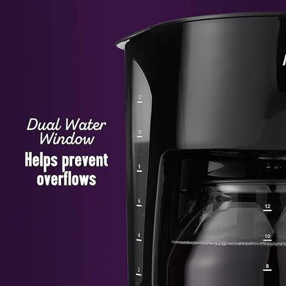 Mr. Coffee Black Coffee Maker, 12 Cups, with Auto Pause and Glass Carafe, Perfect for Home and Office Use