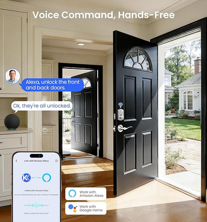 Veise VE012W-B Wi-Fi Fingerprint Smart Lock with Handle Set, Remote App Control, Keyless Entry Front Door Lever, Built-in WiFi No Hub Needed, Backlit Keypad Deadbolt, Auto-Locking, Satin Nickel