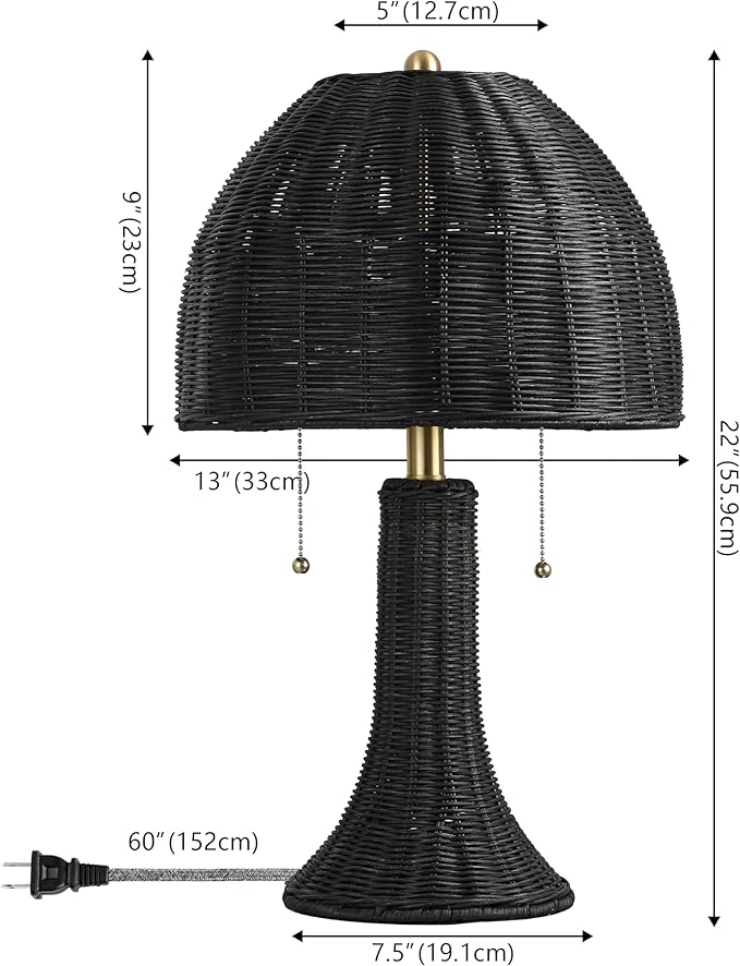 JONATHAN Y 22" Black/Brass Gold Bohemian Rustic LED Table Lamp for Bedroom, Natural Rattan Shade, Farmhouse Coastal Nightstand Lamp for Living Room, LED Bulbs Included (JYL4040D)