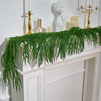 2Pcs 6FT Artificial Norfolk Pine Garlands, Real Touch Winter Christmas Pine Tree Wreath, Green Artificial Greenery Garland for Christmas Holiday Seasonal Indoor Home Decor Mantle