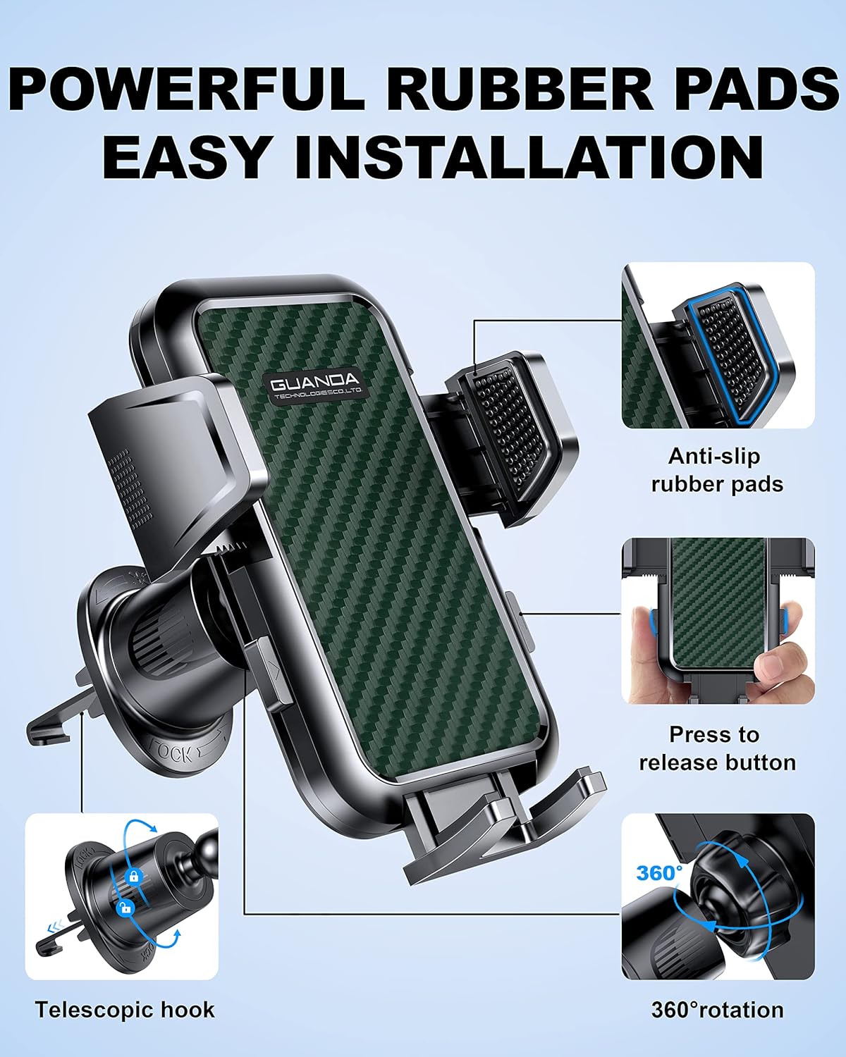 [2025 New] Car Vent Phone Mount, [Upgrade Hook Clip Never Shake] Adjustable 360 Rotation Vent Clip Car Phone Holder Mount, Big Phone & Thick Case Friendly Fit for All iPhone, Samsung & Cell Phone