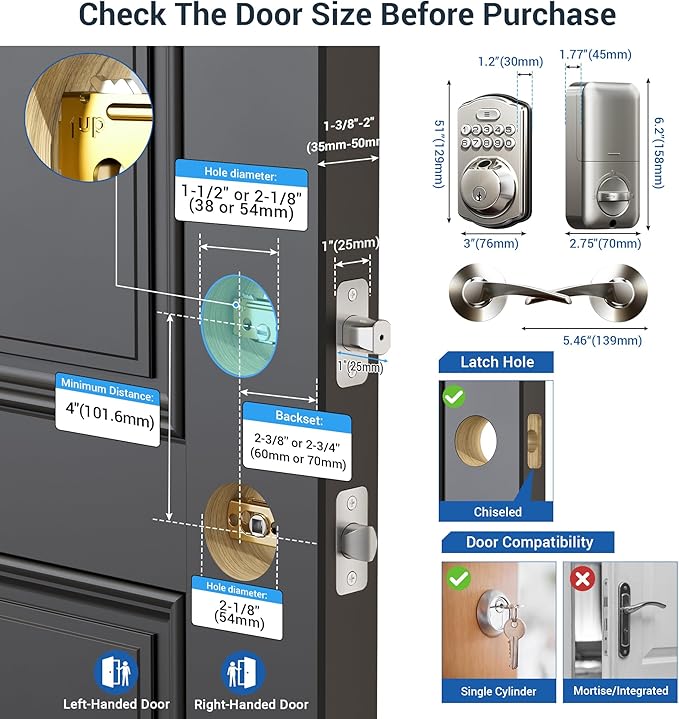 Veise Fingerprint Door Lock with 2 Lever Handles - Keyless Entry Door Lock, Electronic Keypad Deadbolt, Digital Smart Code & Front Handle Sets, Auto-Locking, Easy Installation, Satin Nickel