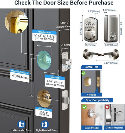 Veise Fingerprint Door Lock with 2 Lever Handles - Keyless Entry Door Lock, Electronic Keypad Deadbolt, Digital Smart Code & Front Handle Sets, Auto-Locking, Easy Installation, Satin Nickel