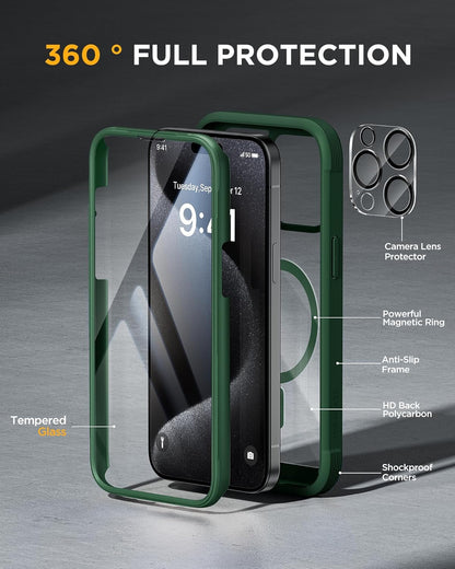 Miracase Magnetic for iPhone 12 Pro Max Case [Compatible with MagSafe] Full-Body Phone case with Built-in Glass Screen Protector& Camera Protector, Military Drop Proof 12 Pro Max Cover, Green