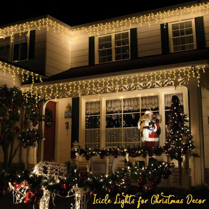 QITONG Warm White Icicle Lights for Outside, 33ft 400 LED Christmas Lights Indoor with 8 Modes, Clear Wire Connectable String Lights Plug in