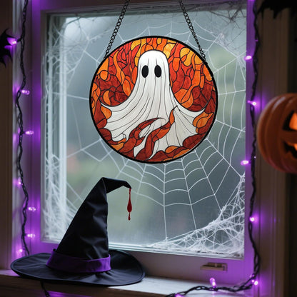 Stained Glass Window Hanging - Halloween Decorations White Ghost Orange Sky Suncatcher for Doors Garden Funny Spooky Sun Catchers Gothic Decor Horror Gifts for Women Men Friend Boy 6.3 in