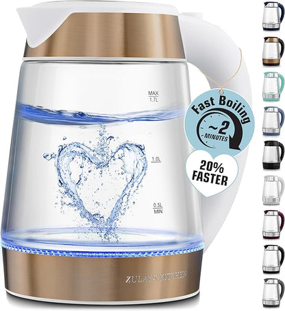 Zulay Kitchen Fast Boiling Electric Water Kettle - 1.7L, 1500W, Auto Shut-Off for Overboil & Boil Dry Protection, Cool-Touch Handle, 360° Base - Rapid Teapot Boiler For Coffee & Tea - White Copper