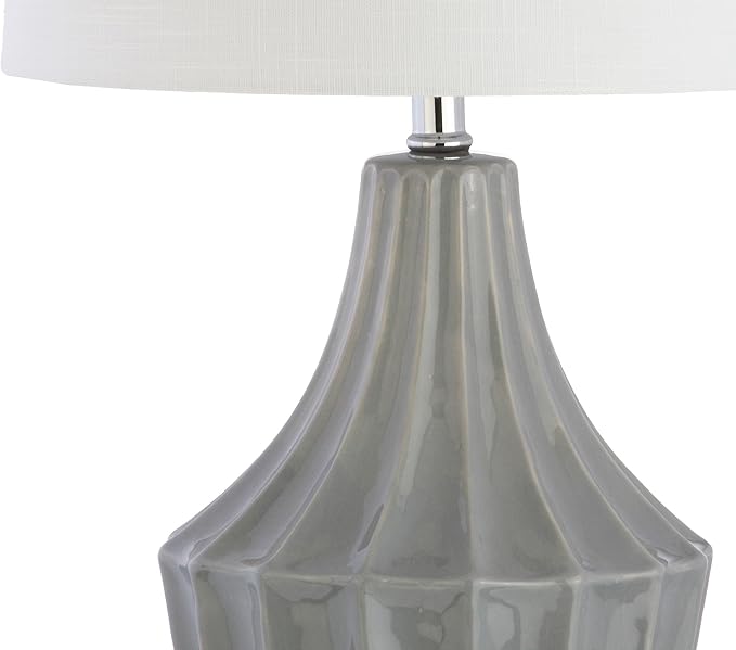 JONATHAN Y 24.5" Gray Ceramic Table Lamp for Bedroom, Modern Bedside Desk Lamp, White Linen Drum Shade, Fluted Gourd for Living Room, LED Bulb Included (JYL8018B)