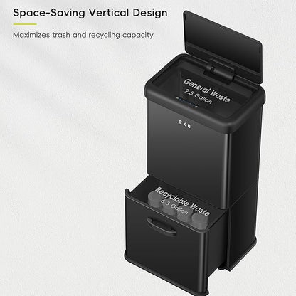 EKO Vintage 50L / 13.2 Gallon Motion Sensor Trash Can, Dual Compartment 32L + 18L Stainless Steel Kitchen Garbage Bin, Touchless Automatic Waste & Recycling Bin with Lid for Home Office, Matte Black