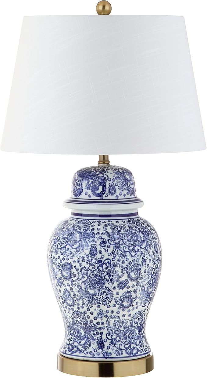 JONATHAN Y 29.5" Blue/White Ceramic Table Lamp for Living Room and Office, White Linen Drum Shade, Traditional Chinoiserie Ginger Jar Lamp, LED Bulb Included JYL3008A