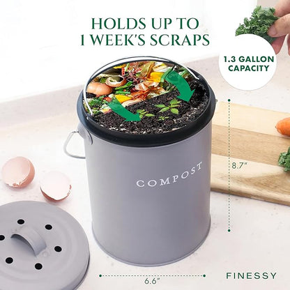 FINESSY Indoor Compost Bin Kitchen Odorless with Lid for Composting Food Waste Bucket for Counters, Stainless Steel Kitchen Compost Bin Countertop Trash Can, Indoor Food Composter Recycler Container