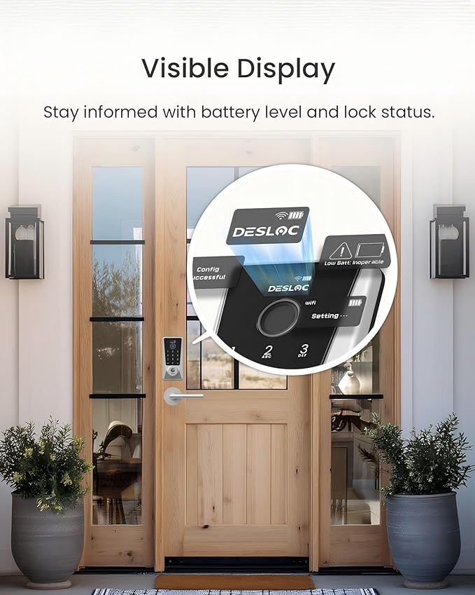 DESLOC D110 Plus Built-in Wi-Fi Smart Lock with 2 Lever Handles, Fingerprint Keyless Entry Door Lock Set, Touchscreen Keypad Deadbolt with Backlit, Remote Control, BHMA 3, IP54 Waterproof, Auto Lock