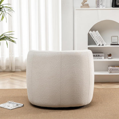 KINWELL 34" Wide Boucle Swivel Barrel Chair, No Assembly Round Upholstered Armchair Accent Chair Single Sofa Chair with Toss Pillow for Living Room and Bedroom, Beige