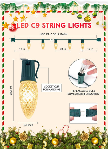 Brightown Outdoor Christmas Lights, 100 Ft C9 LED Commercial String Lights with Warm White Strawberry C9 Bulbs, Waterproof Connectable UL Certified C9 Lights for Indoor Home Yard Xmas Tree Decor