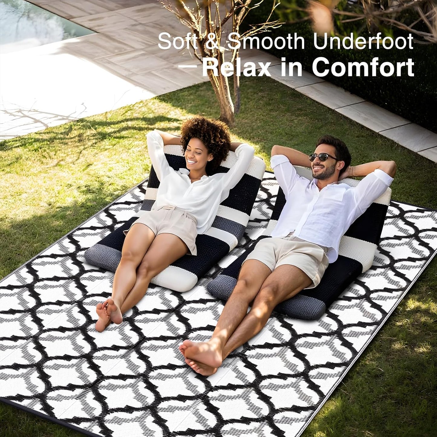 OLANLY Reversible Outdoor Rug 9x12 ft Clearance, Waterproof Outdoor Plastic Straw Rug with Interlacing Pattern, RV Mat for Patio, Camping, Balcony, Deck, Backyard, Black & White