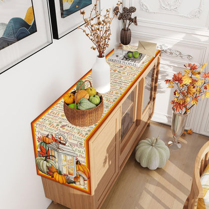 Linen Fall Table Runner - 60 Inch Farmhouse Fall Leaves Pumpkin Decor for Autumn Thanksgiving Home Kitchen Dining Room