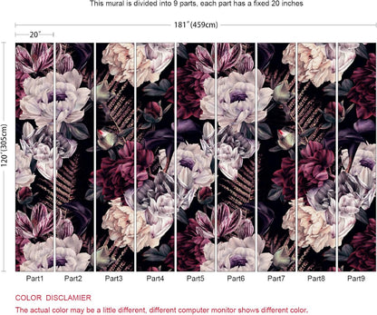 Floral Wallpaper Watercolor Dark Peony Flowers Mural Wallpaper for Bedroom Living Room (Not Peel n' Stick)
