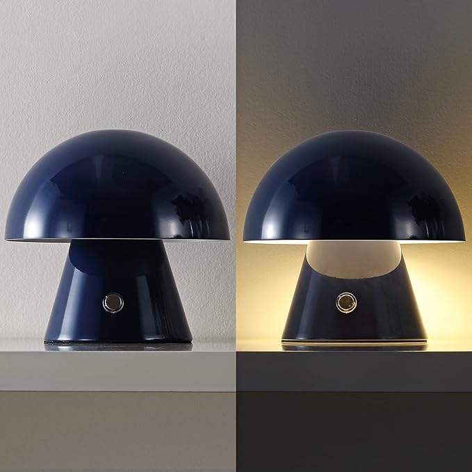 JONATHAN Y 7" Navy Rechargeable Cordless Mushroom Table Lamp, Portable LED Nightstand Lamp for Bedroom Living Room, Metal Shade, 3-Way Dimmable Touch Sensor Modern Accent (JYL7116E)