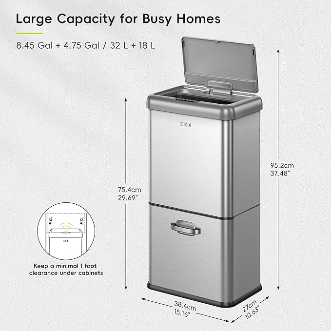 EKO Vintage 50L / 13.2 Gallon Motion Sensor Trash Can, Dual Compartment 32L + 18L Stainless Steel Kitchen Garbage Bin, Touchless Automatic Waste & Recycling Bin with Lid for Home or Office