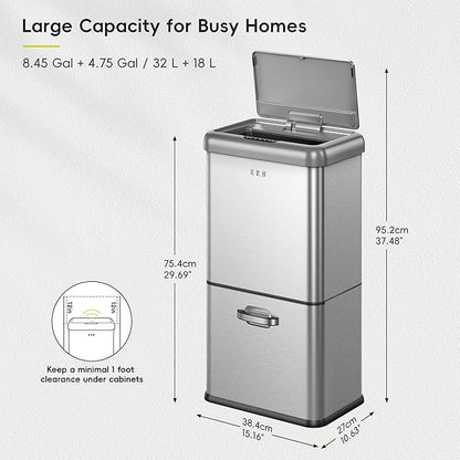 EKO Vintage 50L / 13.2 Gallon Motion Sensor Trash Can, Dual Compartment 32L + 18L Stainless Steel Kitchen Garbage Bin, Touchless Automatic Waste & Recycling Bin with Lid for Home or Office