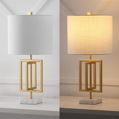 JONATHAN Y 20.25" Gold Contemporary Glam Metal and Marble Table Lamp, Modern Geometric Iron Desk Lamp for Bedroom Living Room, White Linen Shade, LED Bulb Included JYL1039A