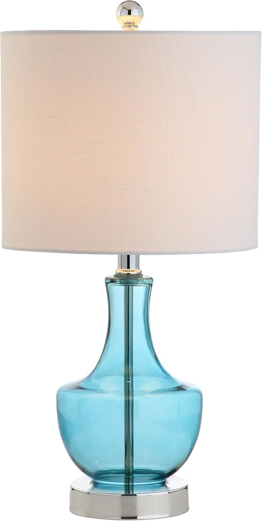 JONATHAN Y 20" Amalfi Blue Glass Mini Table Lamp, Modern Bedside Lamp for Bedroom, White Linen Drum Shade, Teardrop Glass Base, LED Bulb Included, UL Listed (JYL1029C)