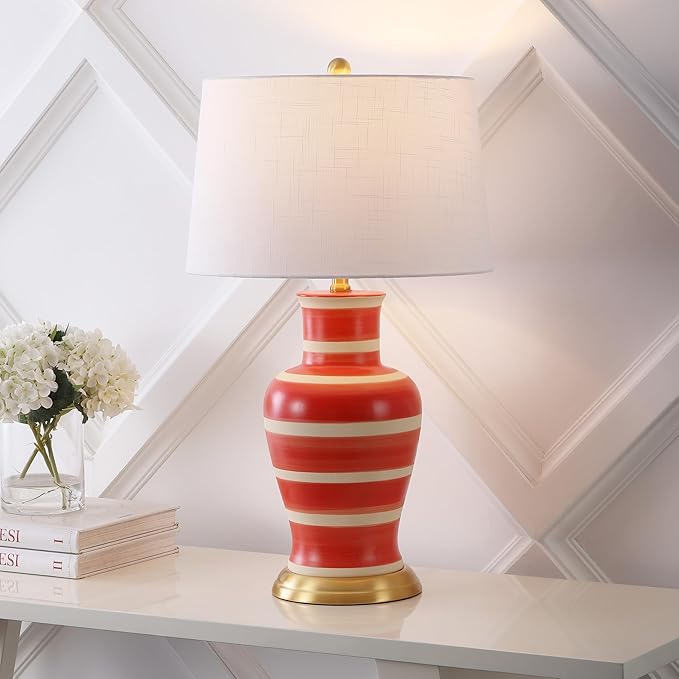 JONATHAN Y 29" Red/Beige Traditional Ceramic Urn LED Table Lamp for Bedroom Decor, White Linen Drum Shade, Classic Nightstand Lamp for Living Room, LED Bulb Included (JYL4026K)
