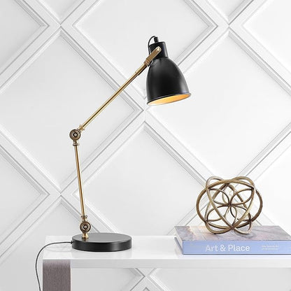 JONATHAN Y 24" Black/Brass Gold LED Metal Task Lamp, Modern Industrial Adjustable Desk Lamp for Home Office Bedroom, Silk-Wrapped Cord, UL Listed, LED Bulb Included JYL6003A