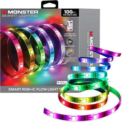 Monster Smart RGB+IC LED Strip Lights – Sound Reactive Strip Lights for Bedroom, App & Voice Control, RGB Light Strip for Room, Alexa Google Home, Razer Chroma Sync (100ft)
