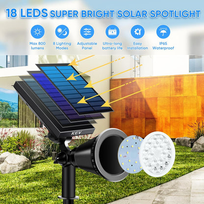 KEV 800 Lumens Solar Spot Lights Outdoor,4 Pack 18 LEDs Solar Flood Lights with 2 Modes &Adjustable &IPX65 Waterproof,Solar Spotlight for Driveway/Backyard/Patio Landscape/Tree/Garage(Warm White)