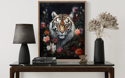 Tiger and Flower Poster Art Print, Halloween Scary Vintage Wall Art Academia Spooky Painting Decoration for Horror Prints, Gothic Posters Bedroom Decor 89 (Tiger and Flower, 8 x 10 inches, Wood Frame)