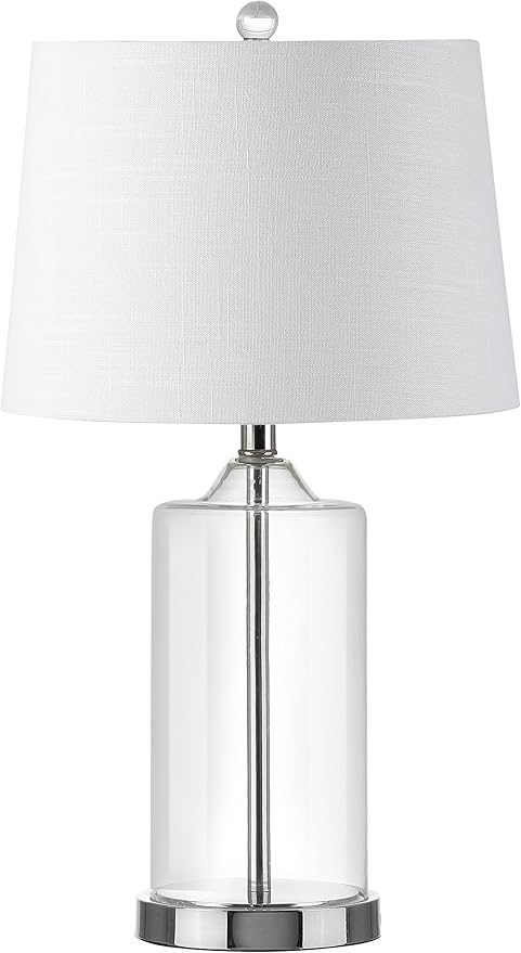 JONATHAN Y 25" Clear Glass and Chrome LED Table Lamp, Modern Coastal Bedside Lamp with White Linen Drum Shade for Living Room, Farmhouse Decor, LED Bulb Included JYL1018A