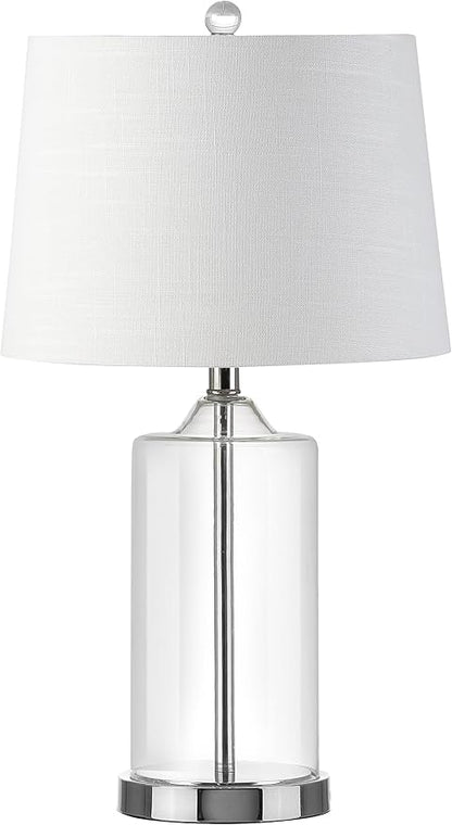 JONATHAN Y 25" Clear Glass and Chrome LED Table Lamp, Modern Coastal Bedside Lamp with White Linen Drum Shade for Living Room, Farmhouse Decor, LED Bulb Included JYL1018A