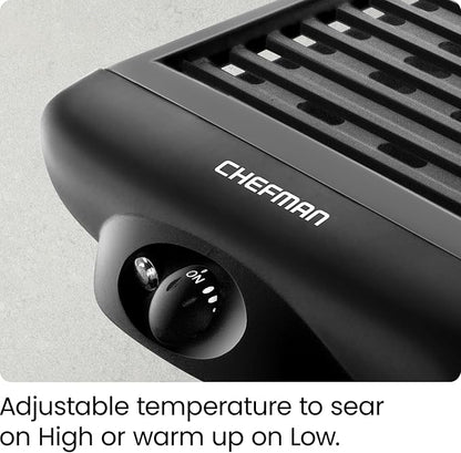 Chefman Electric Smokeless Indoor Grill w/ Non-Stick Cooking Surface & Adjustable Temperature Knob from Warm to Sear for Customized BBQing, Dishwasher Safe Removable Water Tray, Black
