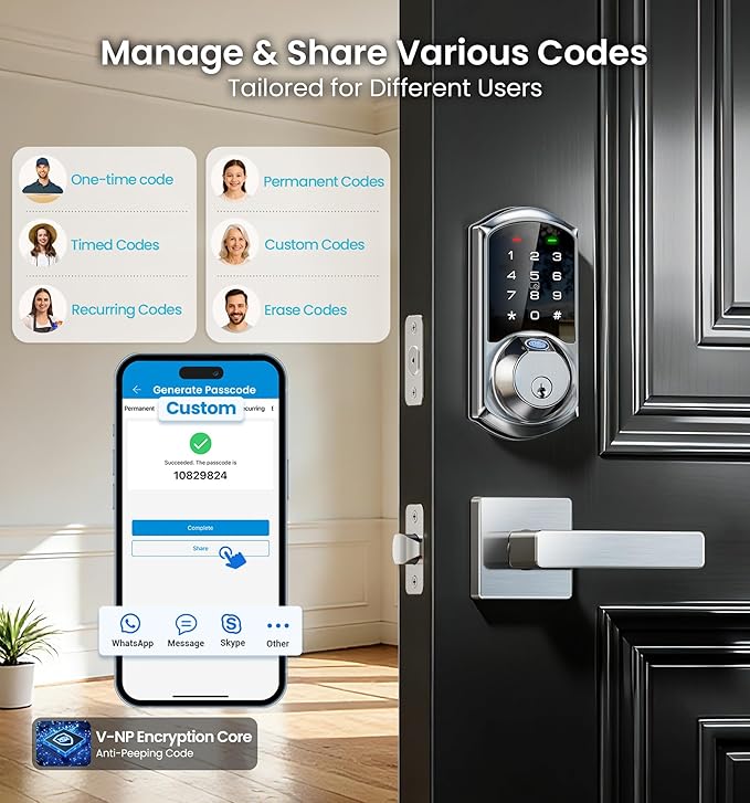 Veise VE07-L Fingerprint App Control Smart Locks with Heavy-Duty Zinc Alloy Handles, Keyless Entry for Front Door, Digital Electronic Touchscreen, Auto Lock, Waterproof, Easy Install, Satin Nickel