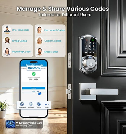 Veise VE07-L Fingerprint App Control Smart Locks with Heavy-Duty Zinc Alloy Handles, Keyless Entry for Front Door, Digital Electronic Touchscreen, Auto Lock, Waterproof, Easy Install, Satin Nickel