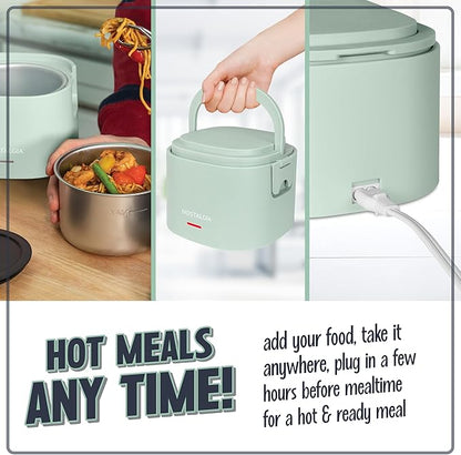 Nostalgia Portable 20-Ounce Electric Heated Lunch Box – Travel Size 2.5 Cup Capacity for Soup, Chili, and Leftovers – Leak Proof Silicone Sealed Lid, Foldable Carry Handle, Detachable Cord – Sage
