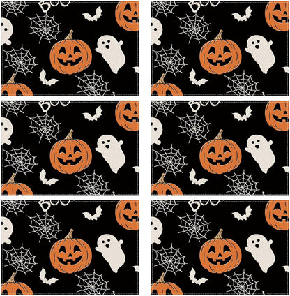 XCHI Boo Spooky Ghost Pumpkin Halloween Cloth Placemats Set of 6 Table Mats Table Decorations 12x18 Inch