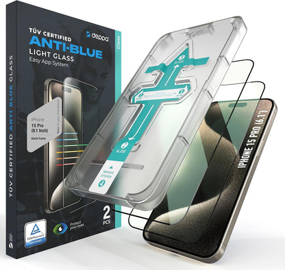 Deppa |2 Pack| Anti-Blue Light Screen Protector for iPhone 15 Pro (6.1') | Scratch Resistant Tempered Glass | 3D Edge to Edge Coverage | Easy Installation Kit | Eye Safeguard TÜV Certified
